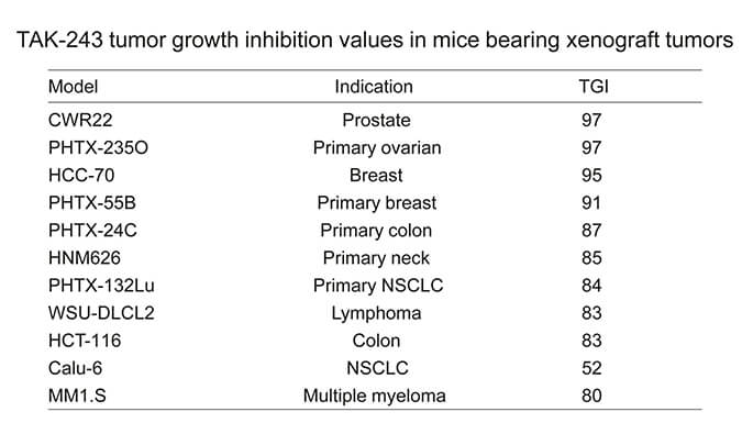 TAK-243是一种有效的泛素激活酶幼分子抑造剂，拥有体内抗肿瘤功效，通过J9集团使用HCC70模型进行